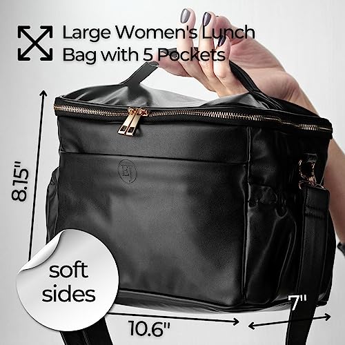 Ella James Insulated Faux Leather Lunch Bag Women Stylish Vegan Lunch Tote, Soft Cooler Bag, Cute Adult Lunchbox for Women, Elegant Fashionable Designer Lunch Bags for Women for Work