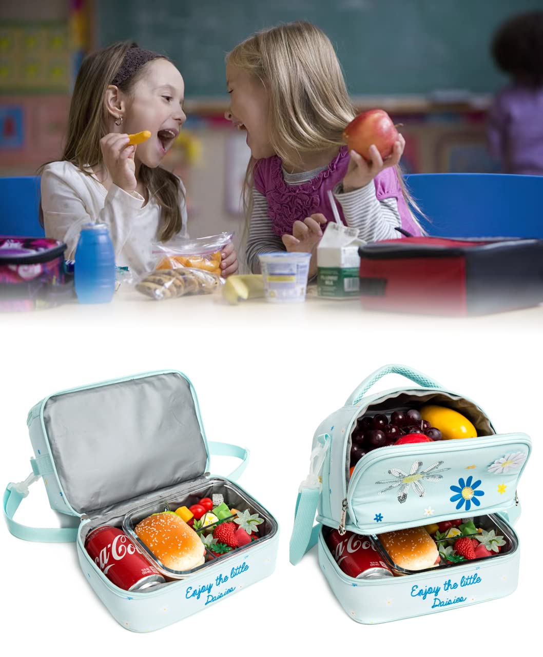 MOHCO Kids Lunch Bag Insulated Bento Cooler Bag Two compartments Cooler for Boys and Girls with Adjustable Strap Travel Lunch Tote