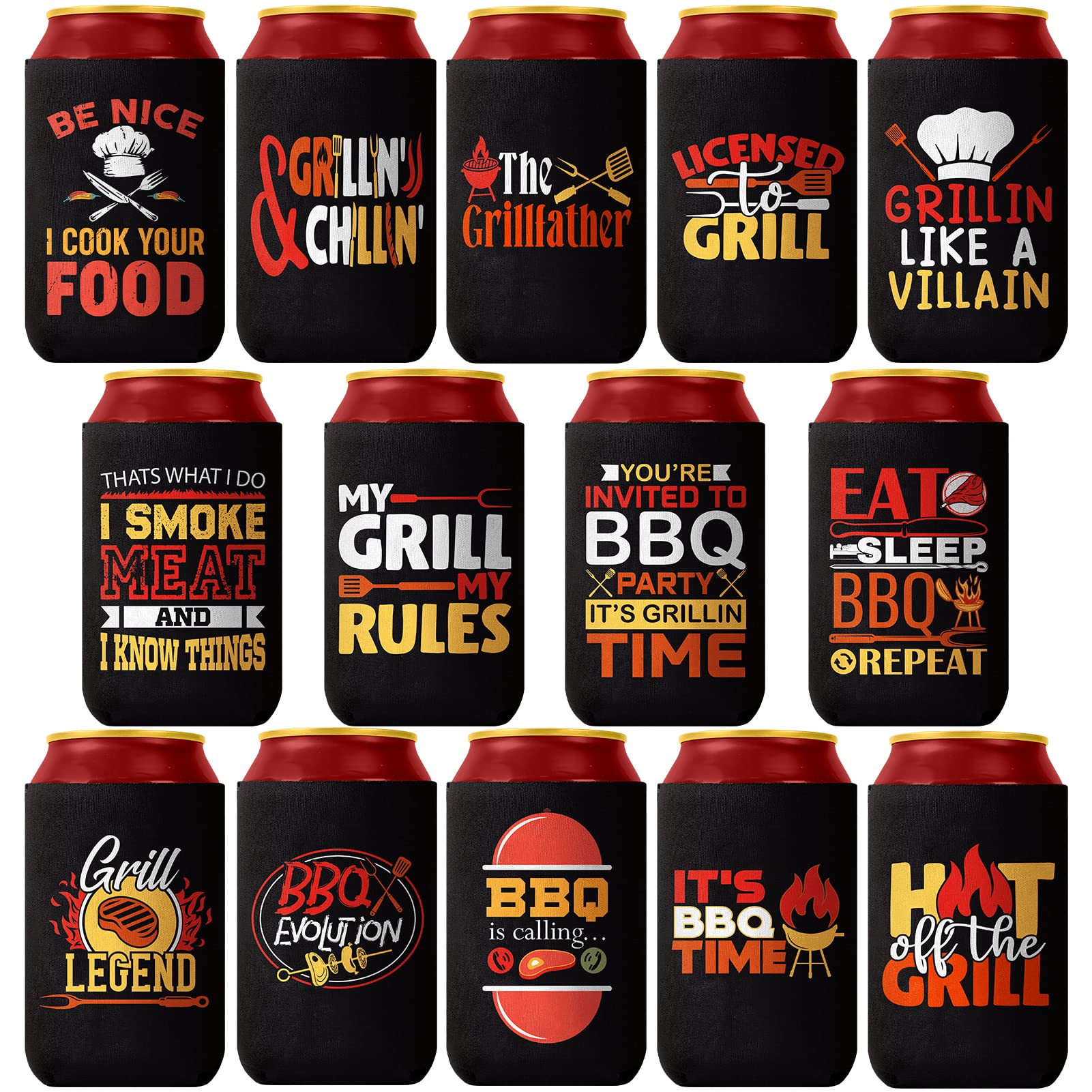 BBQ Party Decorations Can Coolers - Pop Nordic 14 Pack Funny Beer Can Sleeves Bulk, Reusable Neoprene Beer Cozy for BBQ Party Favor Supplies