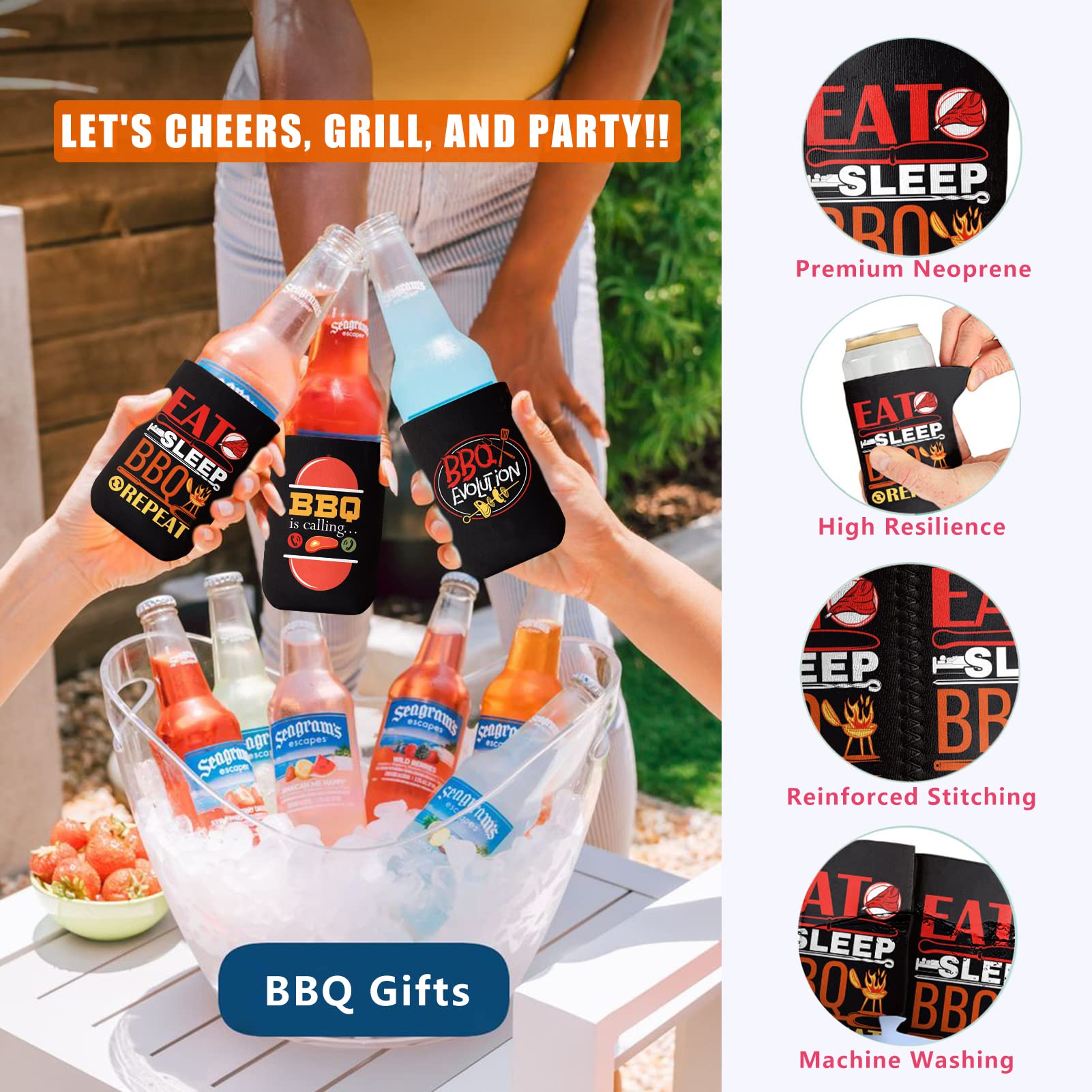 BBQ Party Decorations Can Coolers - Pop Nordic 14 Pack Funny Beer Can Sleeves Bulk, Reusable Neoprene Beer Cozy for BBQ Party Favor Supplies