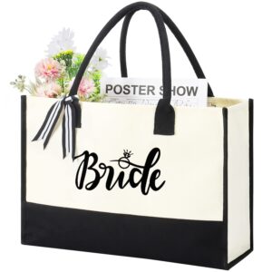 bride tote bag bridal shower gifts embroidered canvas personalized bridal bag engagment wedding honeymoon gifts for bride at bachelorette party gift for friend trip handbag with internal zipper pocket