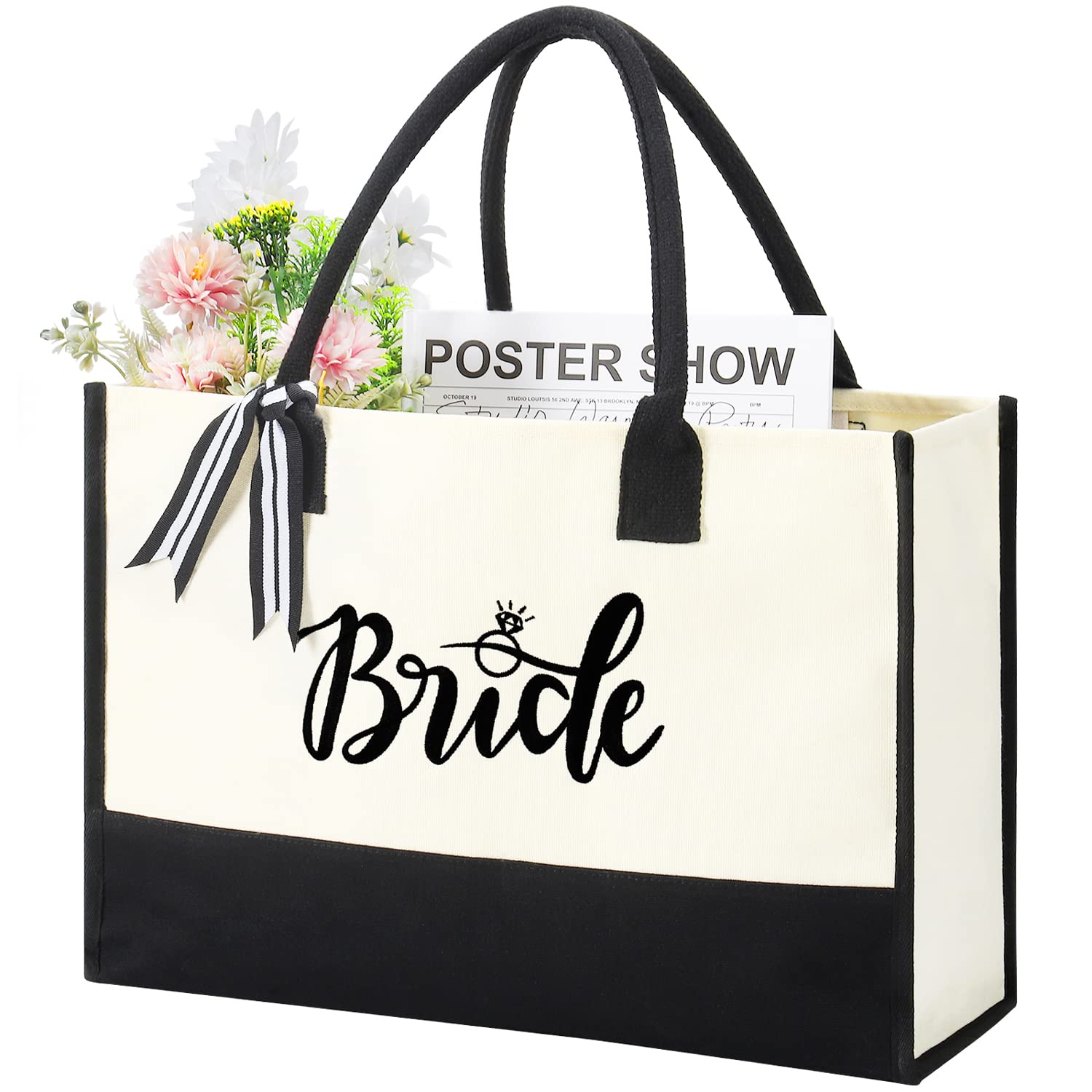 Bride Tote Bag Bridal Shower Gifts Embroidered Canvas Personalized Bridal Bag Engagment Wedding Honeymoon Gifts for Bride at Bachelorette Party Gift for Friend Trip Handbag with Internal Zipper Pocket