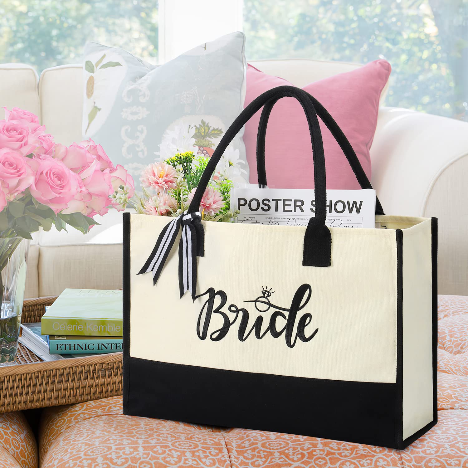 Bride Tote Bag Bridal Shower Gifts Embroidered Canvas Personalized Bridal Bag Engagment Wedding Honeymoon Gifts for Bride at Bachelorette Party Gift for Friend Trip Handbag with Internal Zipper Pocket