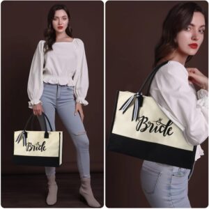 Bride Tote Bag Bridal Shower Gifts Embroidered Canvas Personalized Bridal Bag Engagment Wedding Honeymoon Gifts for Bride at Bachelorette Party Gift for Friend Trip Handbag with Internal Zipper Pocket