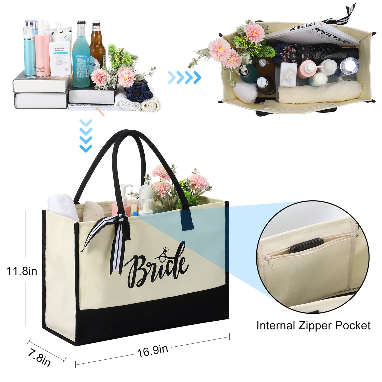 Bride Tote Bag Bridal Shower Gifts Embroidered Canvas Personalized Bridal Bag Engagment Wedding Honeymoon Gifts for Bride at Bachelorette Party Gift for Friend Trip Handbag with Internal Zipper Pocket