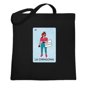pop threads la chingona parody feminist latina canvas tote bag black 15x15 inches