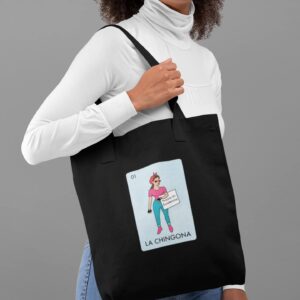 Pop Threads La Chingona Parody Feminist Latina Canvas Tote Bag Black 15x15 inches