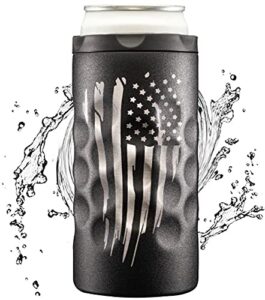 hooch|hog slim can cooler stainless steel for 12 oz. skinny cans | 3x insulated beer can holder for michelob ultra, white claw, truly & redbull (patriot edition black)