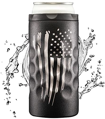 Hooch|Hog Slim Can Cooler Stainless Steel for 12 oz. Skinny Cans | 3x Insulated Beer Can Holder for Michelob Ultra, White Claw, Truly & Redbull (Patriot Edition Black)