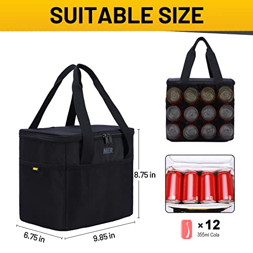 MIER Lunch Bag Insulated 12 Can Simple Lunch Tote Leakproof Reusable Small Cooler Bags for Women Men Adults Lunch Box for Work Picnic Office, Black