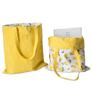 gold xiong padishah double-sided canvas tote bag, reusable shopping bag, canvas shoulder bag, fruit pattern canvas tote bag, double sided durable foldable canvas shopper bags(lemon yellow)