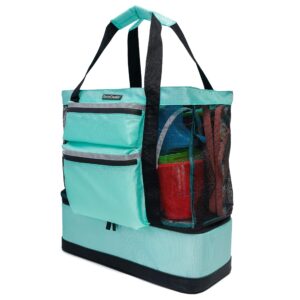 totecooler beach picnic mesh tote bag with zipper top, dual internal sling bottle pockets, 3 exterior pockets and insulated soft cooler with anti-slip rubber base guard (seafoam)