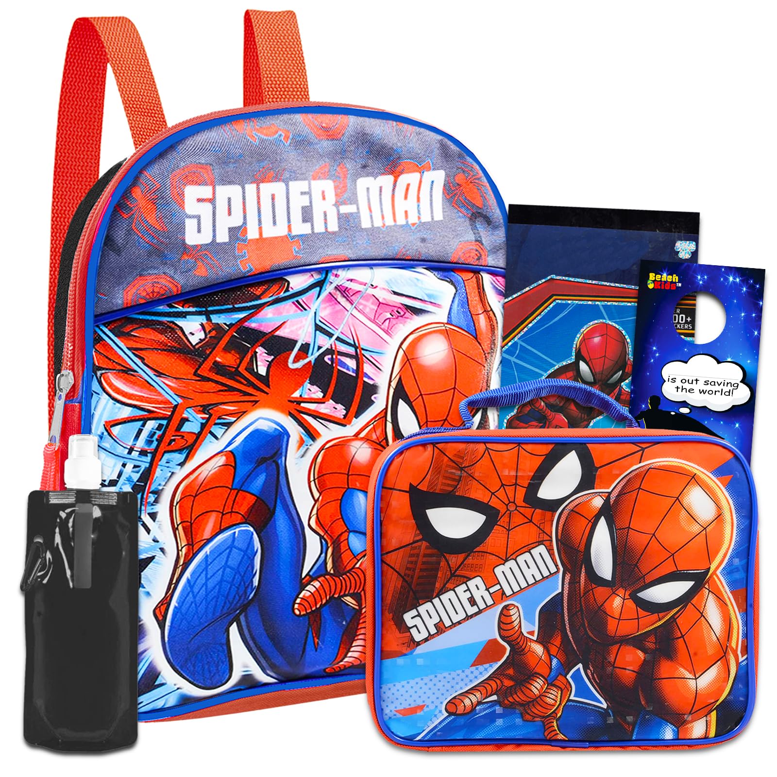 Kids Spiderman Mini Backpack Set ~ 5 Pc Bundle with 11 Inch Marvel School Bag, Lunchbox, Water Pouch, 200 Stickers and More (Superhero School Supplies for Boys and Girls)