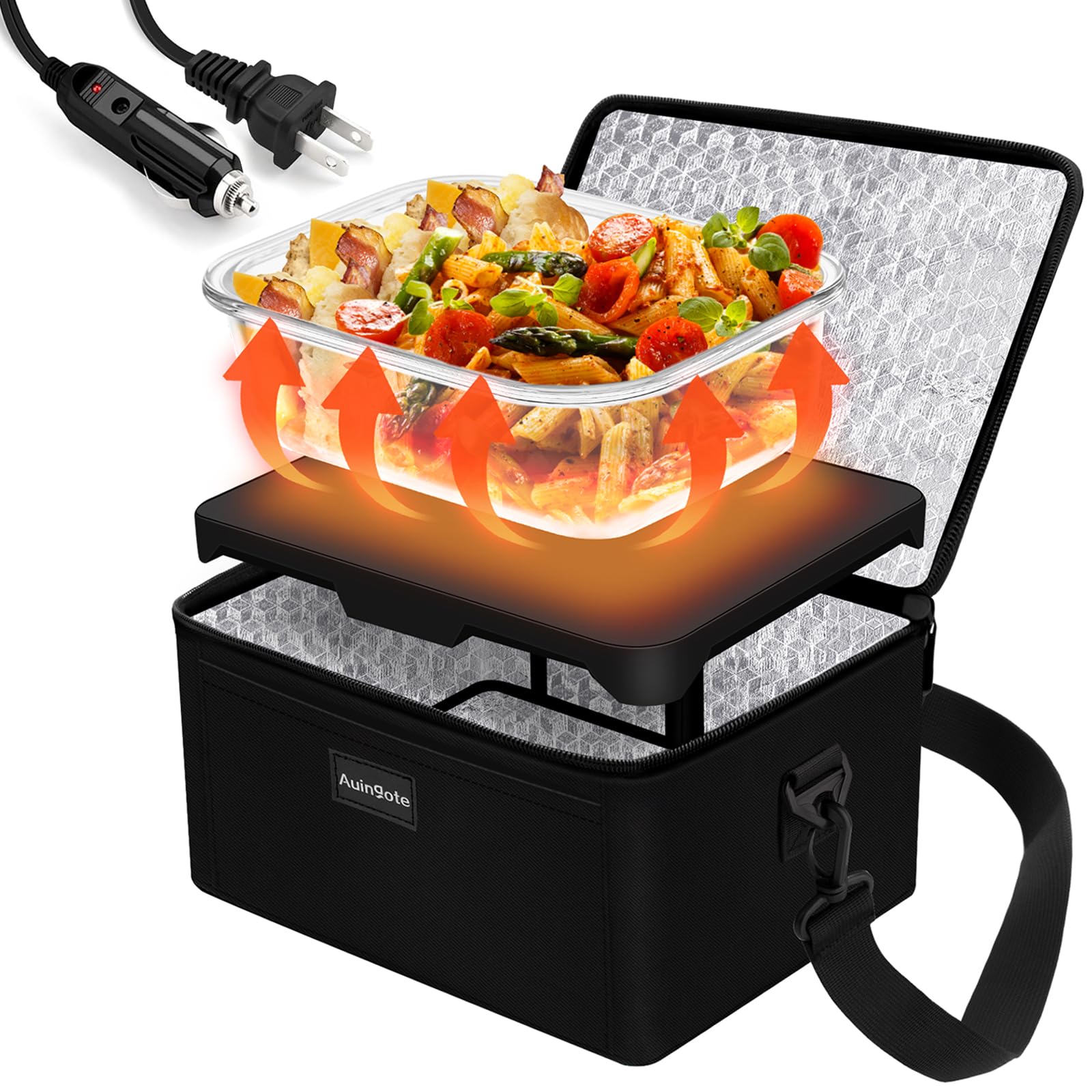 Auingote Portable Oven Electric Lunch Box Food Heater, 12V 24V 110V 3-in-1 Food Warmer, Heated Lunch Box for Adults Cook, Reheat, Keep Food Warm in Car, Truck, Office, Travel, Home, Black