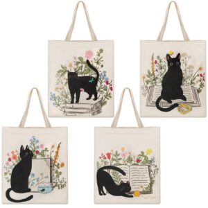 oudain 4 pcs cat tote bag for women floral book space mushroom canvas tote bag bulk cute aesthetic library shoulder tote bag (cat)