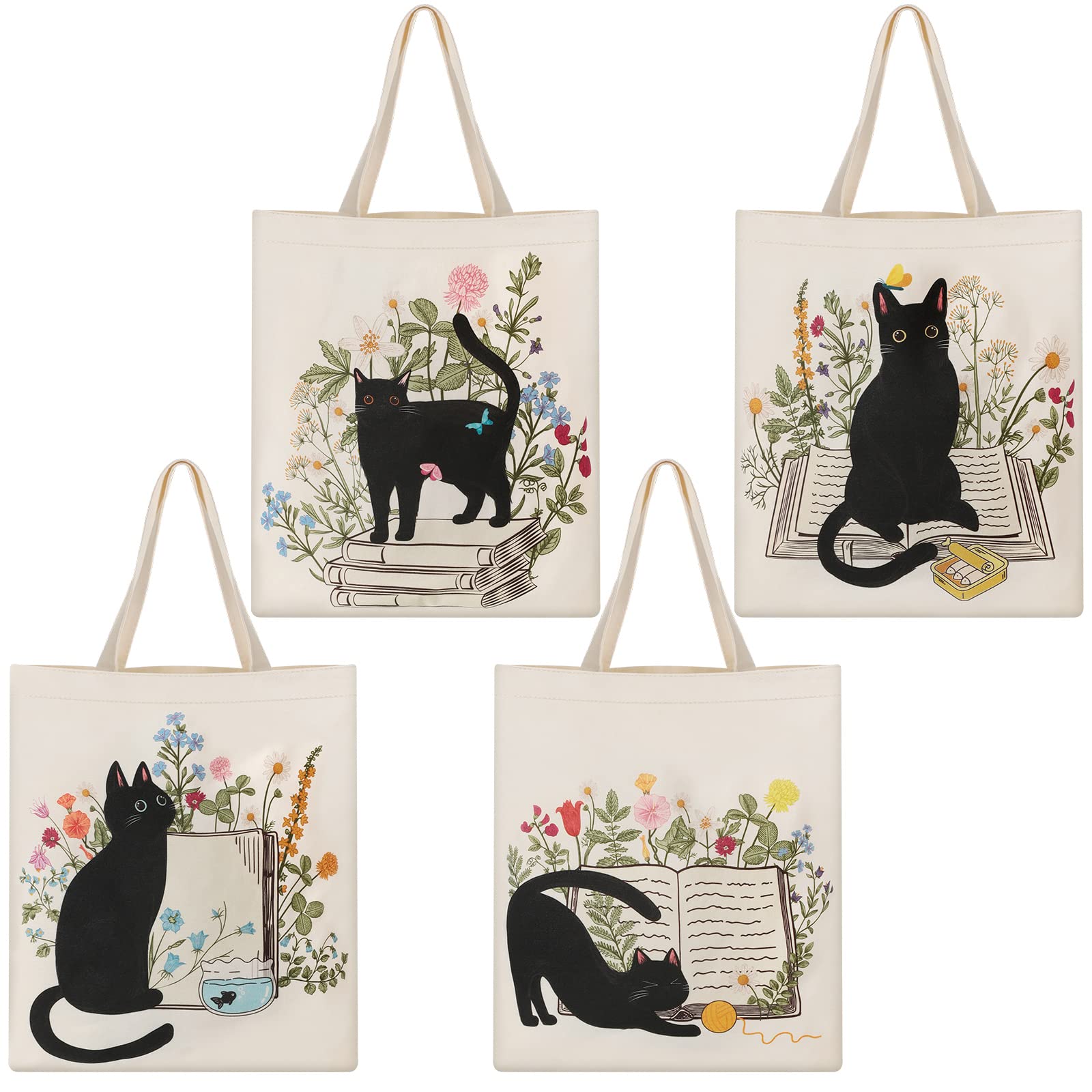 Oudain 4 Pcs Cat Tote Bag for Women Floral Book Space Mushroom Canvas Tote Bag Bulk Cute Aesthetic Library Shoulder Tote Bag (Cat)