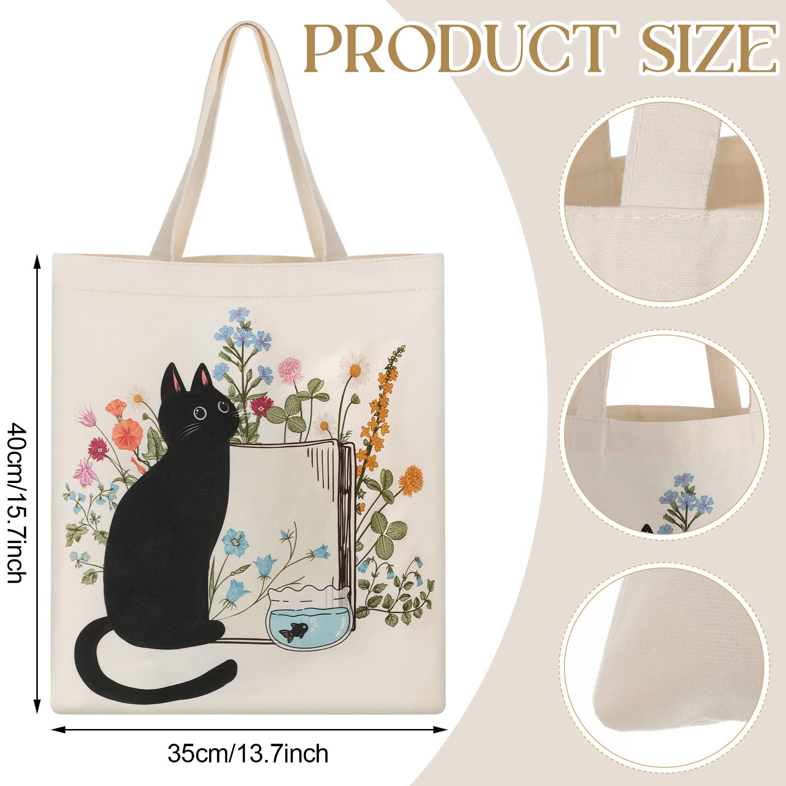 Oudain 4 Pcs Cat Tote Bag for Women Floral Book Space Mushroom Canvas Tote Bag Bulk Cute Aesthetic Library Shoulder Tote Bag (Cat)