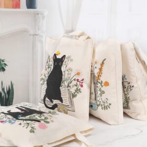 Oudain 4 Pcs Cat Tote Bag for Women Floral Book Space Mushroom Canvas Tote Bag Bulk Cute Aesthetic Library Shoulder Tote Bag (Cat)