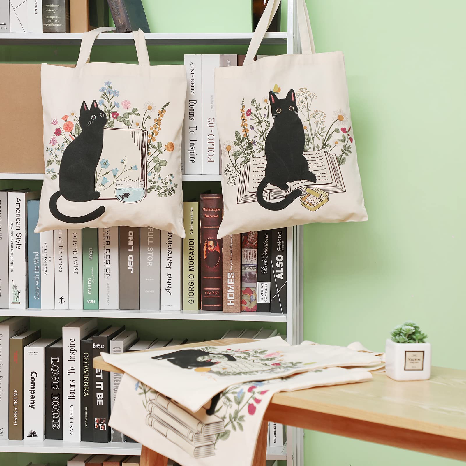 Oudain 4 Pcs Cat Tote Bag for Women Floral Book Space Mushroom Canvas Tote Bag Bulk Cute Aesthetic Library Shoulder Tote Bag (Cat)