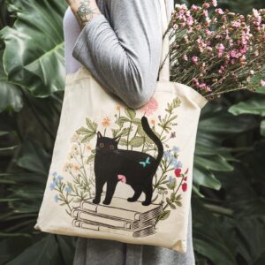 Oudain 4 Pcs Cat Tote Bag for Women Floral Book Space Mushroom Canvas Tote Bag Bulk Cute Aesthetic Library Shoulder Tote Bag (Cat)