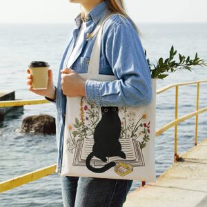 Oudain 4 Pcs Cat Tote Bag for Women Floral Book Space Mushroom Canvas Tote Bag Bulk Cute Aesthetic Library Shoulder Tote Bag (Cat)