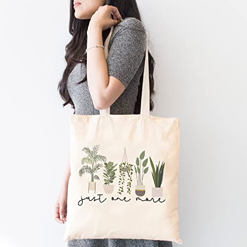 TSIIUO Women's Just One More Plant Canvas Tote Bag Funny Gardener Gift Plant Lover Reusable Shopping Canvas Bag White