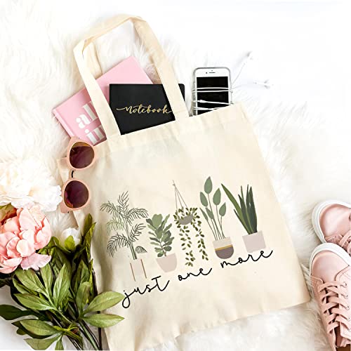TSIIUO Women's Just One More Plant Canvas Tote Bag Funny Gardener Gift Plant Lover Reusable Shopping Canvas Bag White