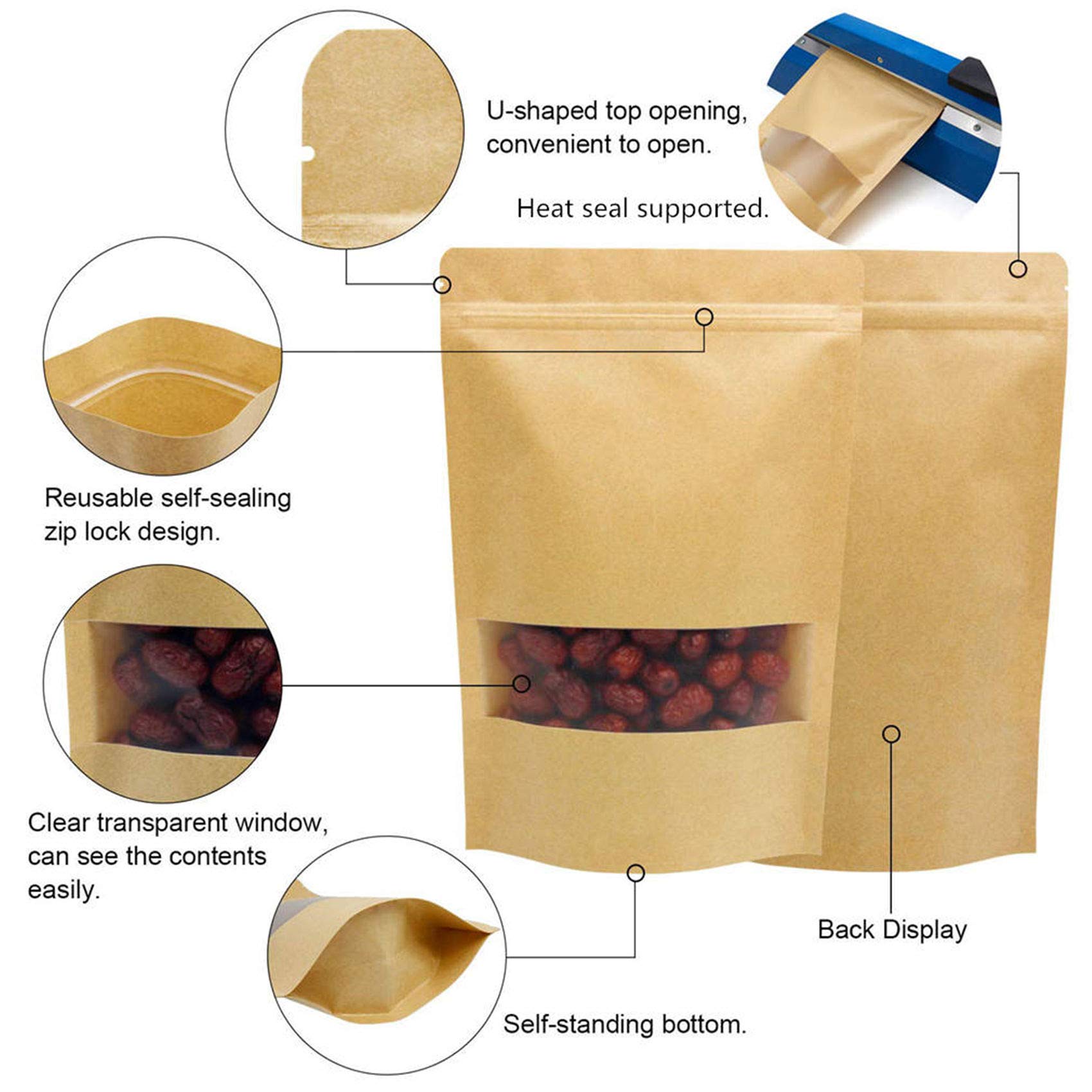 100pcs Kraft Bags with Window Zipper Lock Stand Up Bulk Pouches Resealable 6.2×8.6in