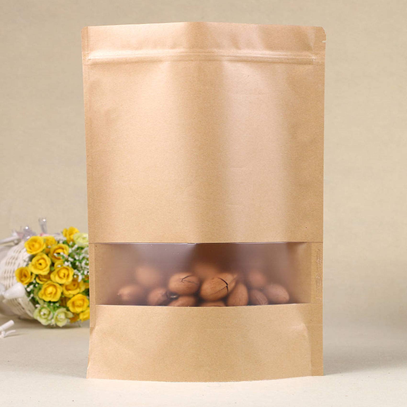 100pcs Kraft Bags with Window Zipper Lock Stand Up Bulk Pouches Resealable 6.2×8.6in