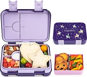 caperci unicorn bento lunch box for kids - leakproof 6-compartment children's lunch container with removable compartment - ideal portions size for ages 3 to 7, bpa-free materials