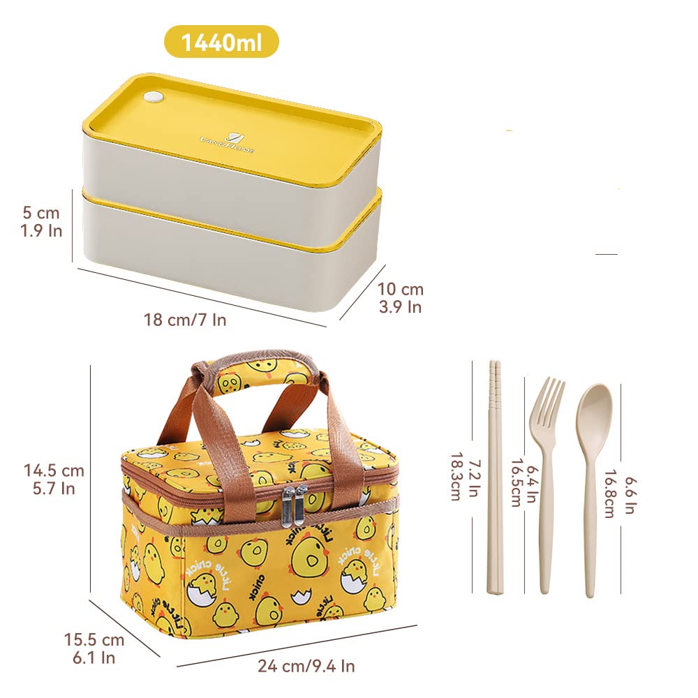 ArderLive Stackable Lunch Bento Box with Bag and Utensils, Microwave Safe, BPA-Free Eco-Friendly Lunch Containers for Adults Japanese, Yellow Denim Bag with Bonus Dip Container