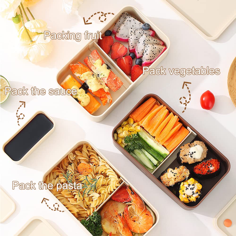 ArderLive Stackable Lunch Bento Box with Bag and Utensils, Microwave Safe, BPA-Free Eco-Friendly Lunch Containers for Adults Japanese, Yellow Denim Bag with Bonus Dip Container