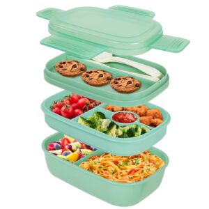 puraville 3 layers stackable bento lunch box for kids and adults, 1900ml large capacity lunch box for men and women with utensil set, leak proof, bpa-free, microwave dishwasher safe - light green