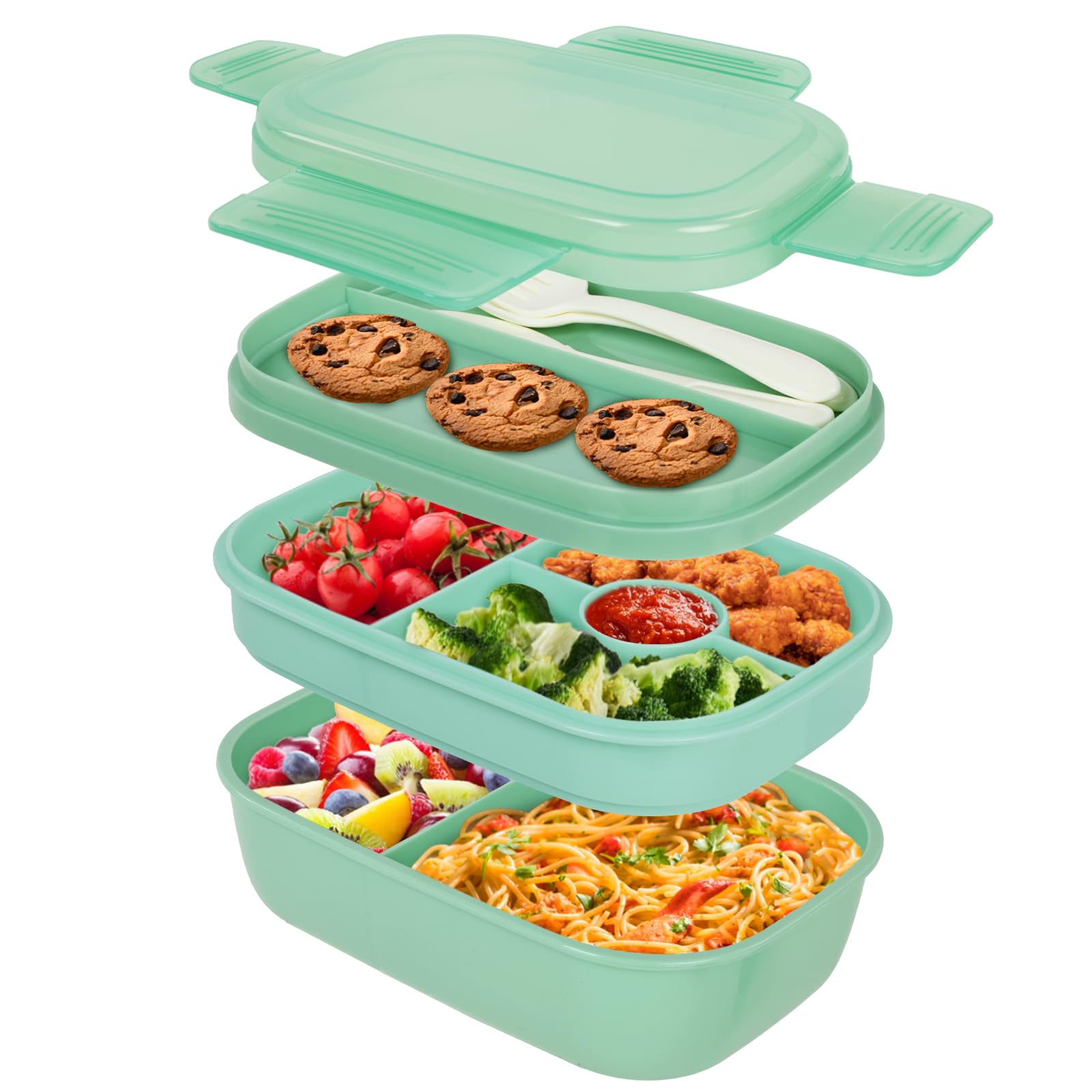 Puraville 3 Layers Stackable Bento Lunch Box for Kids and Adults, 1900ml Large capacity Lunch Box for Men and Women with Utensil Set, Leak Proof, BPA-Free, Microwave Dishwasher Safe - Light Green