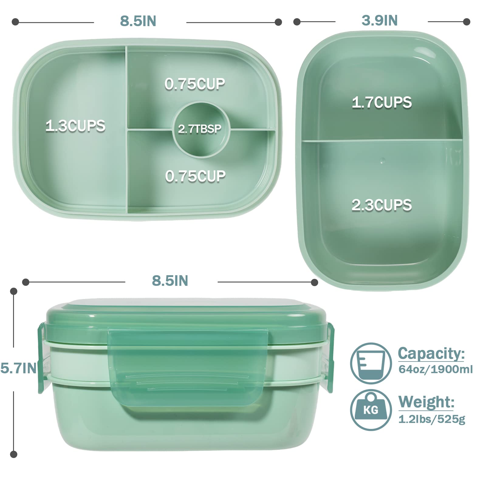 Puraville 3 Layers Stackable Bento Lunch Box for Kids and Adults, 1900ml Large capacity Lunch Box for Men and Women with Utensil Set, Leak Proof, BPA-Free, Microwave Dishwasher Safe - Light Green