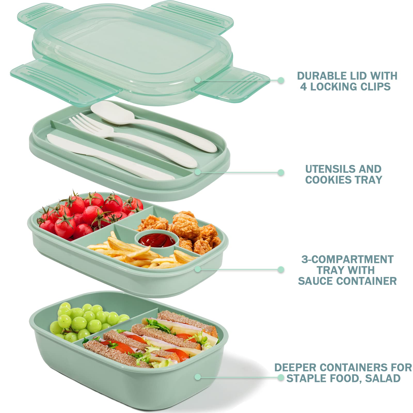 Puraville 3 Layers Stackable Bento Lunch Box for Kids and Adults, 1900ml Large capacity Lunch Box for Men and Women with Utensil Set, Leak Proof, BPA-Free, Microwave Dishwasher Safe - Light Green
