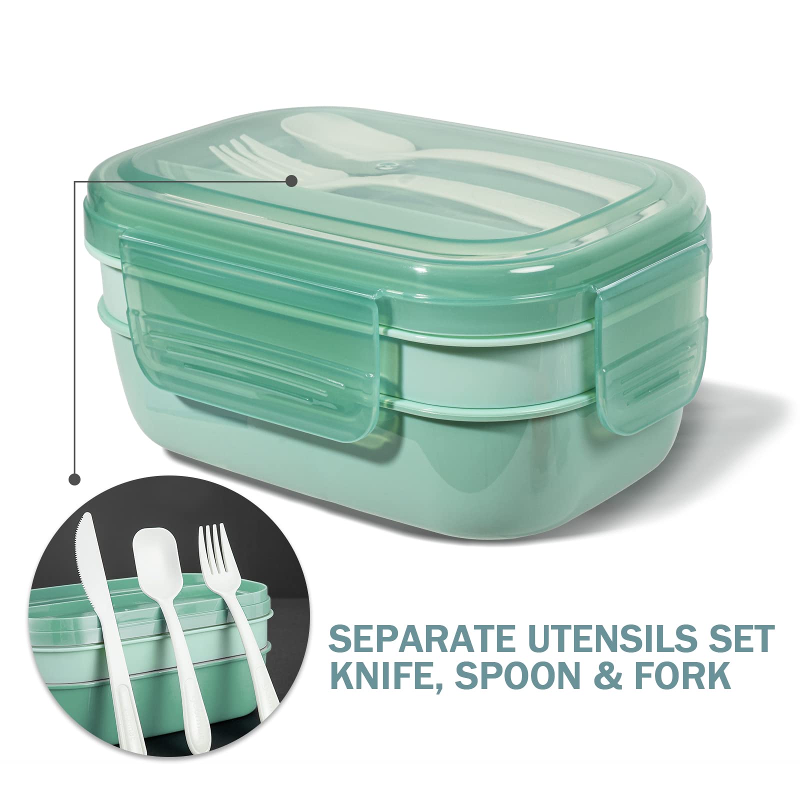 Puraville 3 Layers Stackable Bento Lunch Box for Kids and Adults, 1900ml Large capacity Lunch Box for Men and Women with Utensil Set, Leak Proof, BPA-Free, Microwave Dishwasher Safe - Light Green