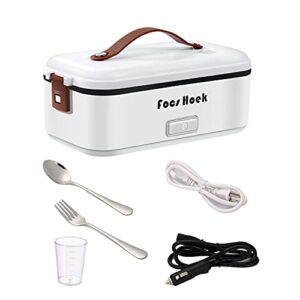focs hoek electric lunch box, 2-in-1 portable food warmer lunch box for car & home 110v & 12v 80w suitable for cars, homes, work, food-grade ceramic coated containers ss fork & spoon(white)