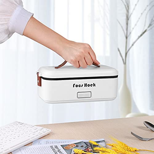 Focs Hoek Electric Lunch Box, 2-In-1 Portable Food Warmer Lunch Box for Car & Home 110V & 12V 80W Suitable for Cars, Homes, Work, Food-Grade Ceramic Coated Containers SS Fork & Spoon(White)