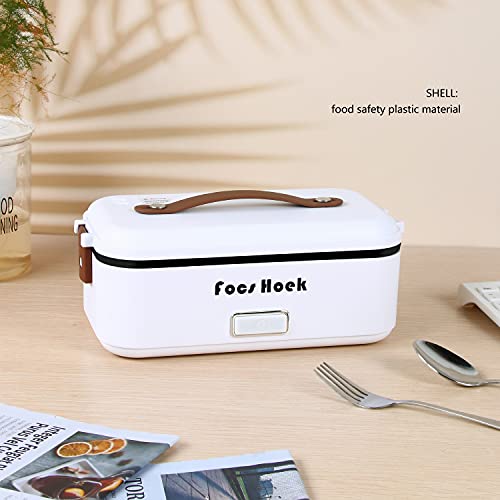 Focs Hoek Electric Lunch Box, 2-In-1 Portable Food Warmer Lunch Box for Car & Home 110V & 12V 80W Suitable for Cars, Homes, Work, Food-Grade Ceramic Coated Containers SS Fork & Spoon(White)