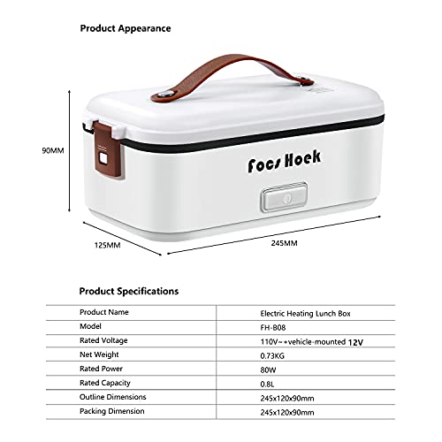 Focs Hoek Electric Lunch Box, 2-In-1 Portable Food Warmer Lunch Box for Car & Home 110V & 12V 80W Suitable for Cars, Homes, Work, Food-Grade Ceramic Coated Containers SS Fork & Spoon(White)