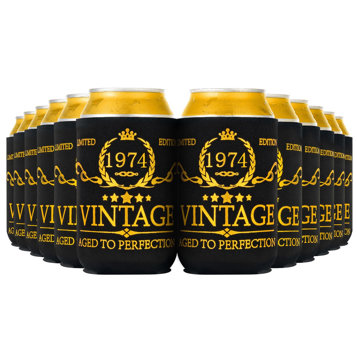 Crisky Vintage 1974 Can Coolers 50th Birthday Beer Sleeve Party Favor 50th Birthday Decoarions Black and Gold, Can Insulated Covers Neoprene Coolers for Soda, Beer, Beverage, 12 pcs