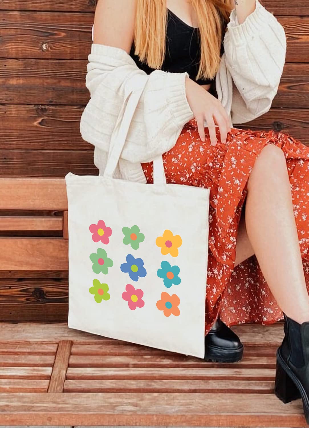 Haukea Canvas Tote Bag for Women Aesthetic Cute Flower Tote Bags Book Tote Beach Bags Reusable Grocery Bags