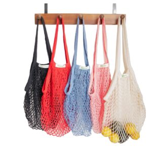 meetall mesh grocery bags, reusable tote bags with sturdy handle, washable, eco friendly, cotton string net, for shopping and storage fruit vegetable (5 pack, one size, off white/pink/blue/red/black)