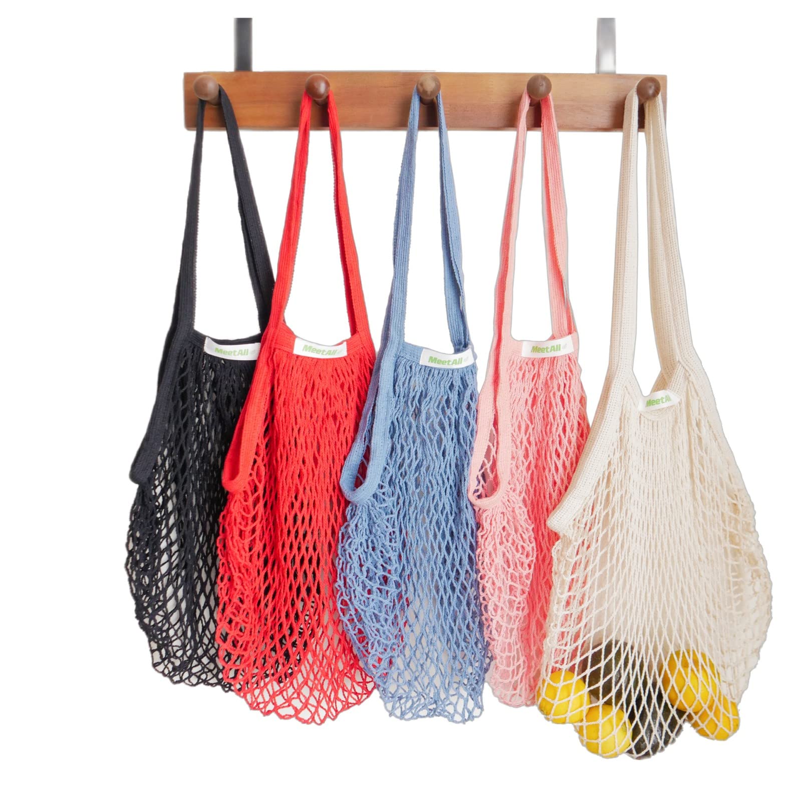 meetall Mesh Grocery Bags, Reusable Tote Bags with Sturdy Handle, Washable, Eco Friendly, Cotton String Net, for Shopping and Storage Fruit Vegetable (5 Pack, One Size, Off White/Pink/Blue/Red/Black)