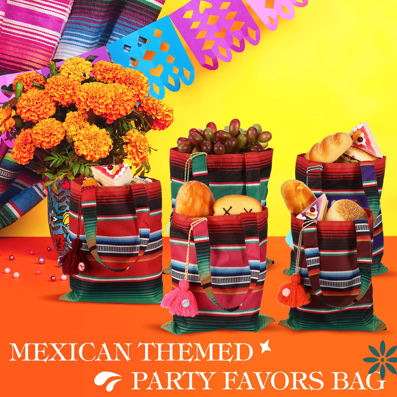 LEIFIDE 24 Pcs Mini Mexican Tote Favor Bags 10 x 8'' Mexican Bags Fiesta Mexican Candy Bags Assorted Color Gift Bags Bolsas Para Fiestas with Tassel for Mexican Cinco De Mayo Party Decoration Supplies