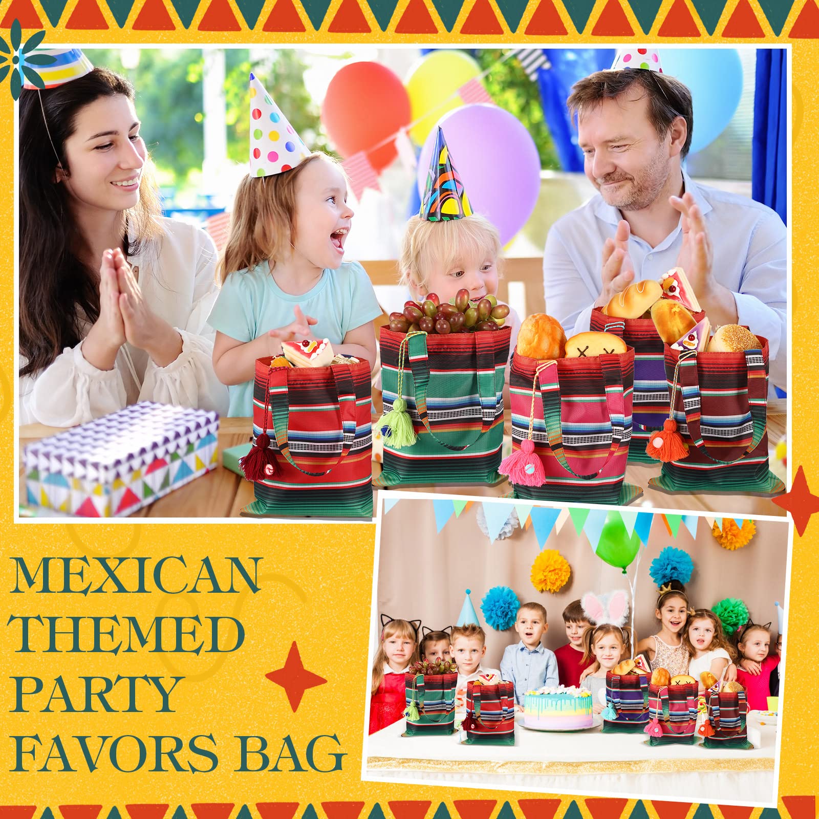 LEIFIDE 24 Pcs Mini Mexican Tote Favor Bags 10 x 8'' Mexican Bags Fiesta Mexican Candy Bags Assorted Color Gift Bags Bolsas Para Fiestas with Tassel for Mexican Cinco De Mayo Party Decoration Supplies
