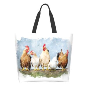 famame watercolor chicken and roosters animal canvas tote bag large women casual shoulder bag handbag reusable multipurpose shopping grocery bag for outdoors