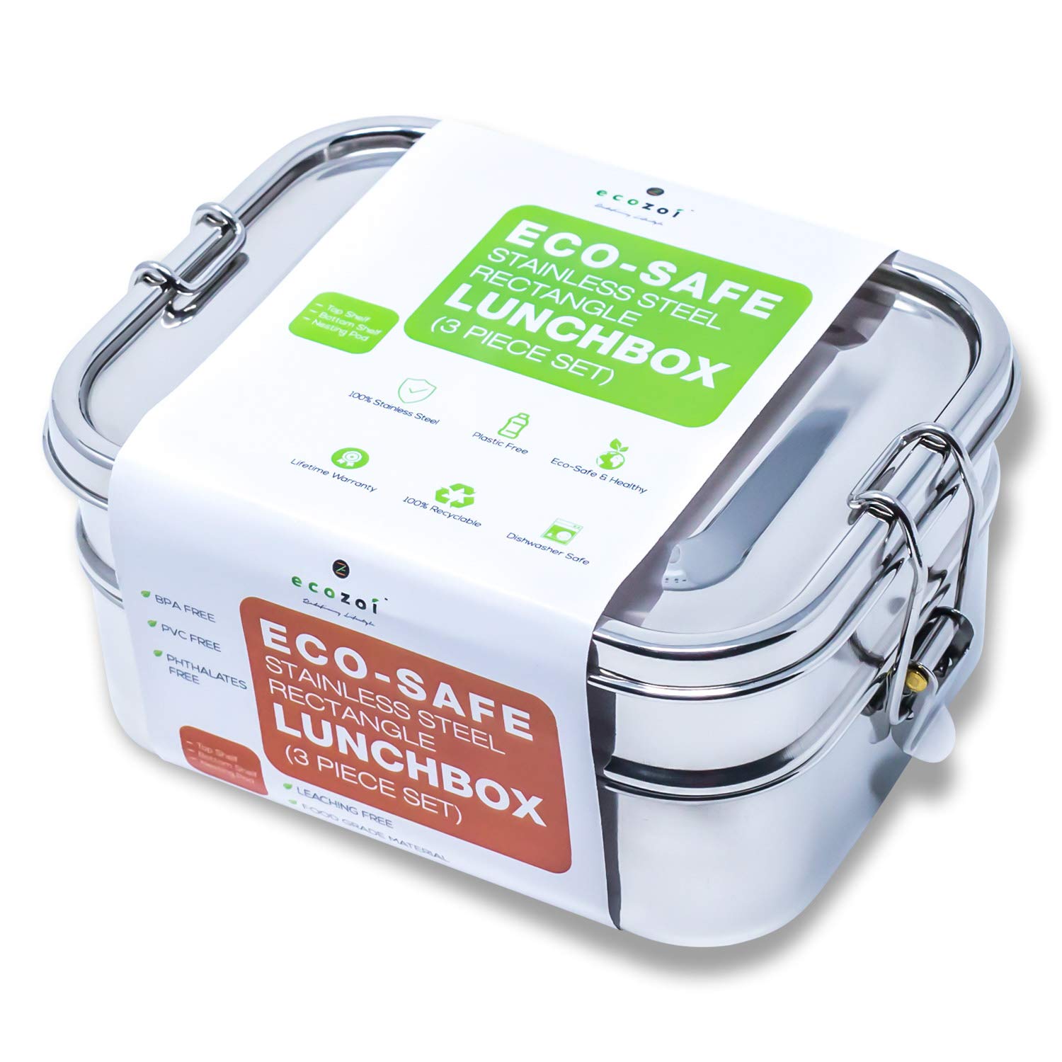 ecozoi Stainless Steel Lunch Box, 3-Tier Leak Proof Stackable Lunch Container Convertible to 1-Tier, With sauce Container and Silicone Band, Eco Friendly Bento Box Family Friendly (70 oz)