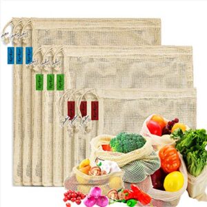 kerkoor reusable organic cotton produce bags - set of 9 cotton mesh bags with drawstring tare weight eco-friendly net-zero bulk shopping storage bag for fruit, vegetable, toys